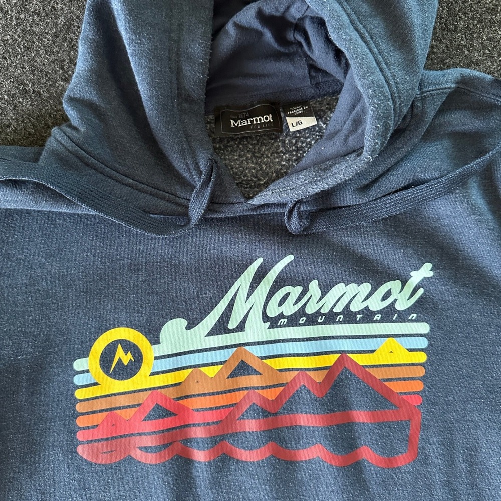 Marmot Mountain Mens Large Navy Blue Retro Graphic Fleece Hoodie Sweatshirt